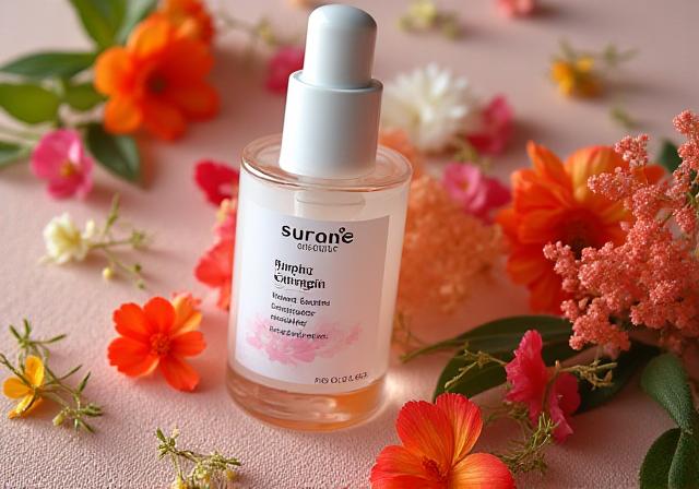 A product exquisitely styled with fresh, vibrant botanicals on a textured surface
