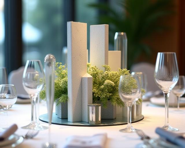 Elegant and sophisticated centerpiece for a corporate event, featuring architectural lines and subtle colours