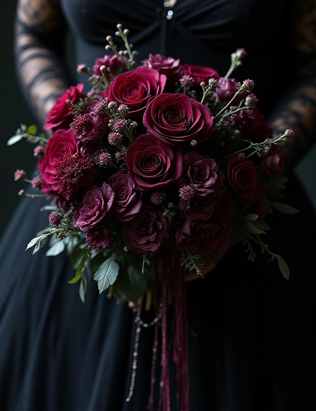 Dramatic dark-toned wedding bouquet with rich textures and deep floral hues