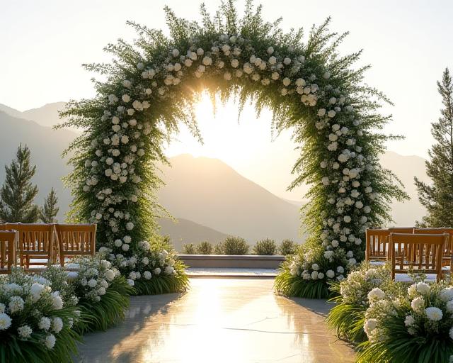 Magnificent floral arch for an outdoor wedding ceremony, adorned with lush greenery and white blooms