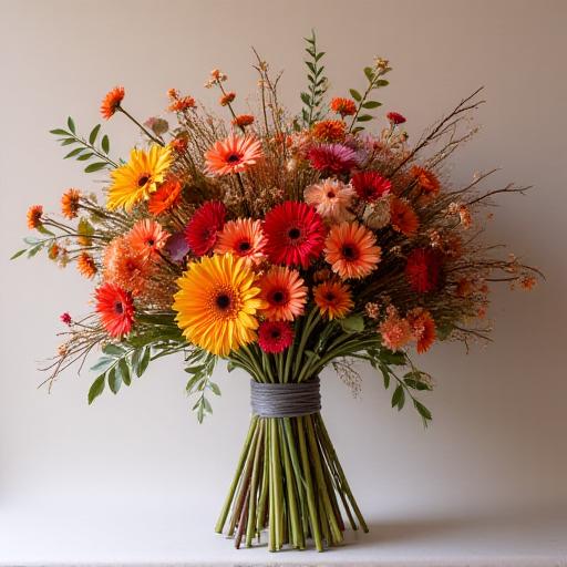 A uniquely arranged bespoke bouquet featuring unusual elements and vibrant colours