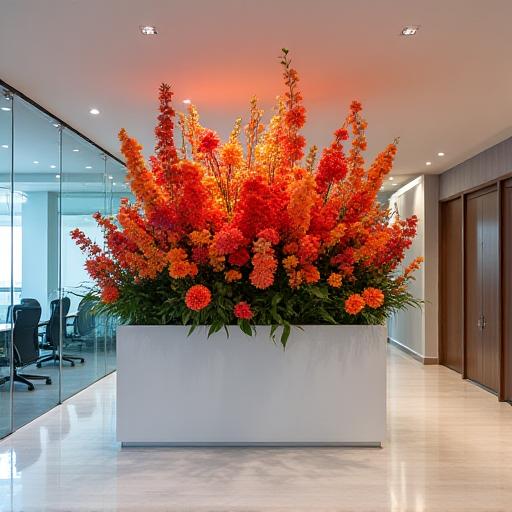 Modern floral installation in a corporate office reception area, featuring bold colours and clean lines