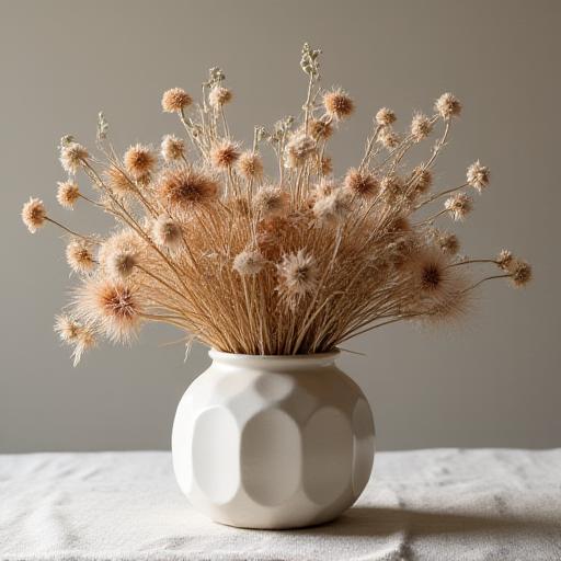 Artistic dried flower arrangement in a minimalist vase, showcasing intricate textures and muted tones