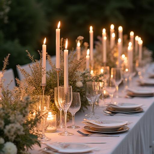 An elegant wedding tablescape adorned with wild, natural floral decorations and candles