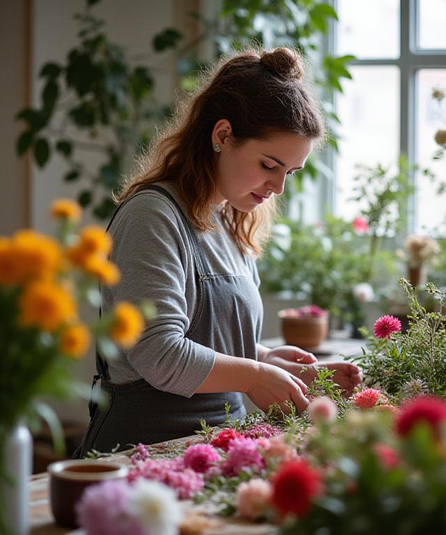 Floral designer meticulously arranging flowers in Wasp Nectar's Manchester studio