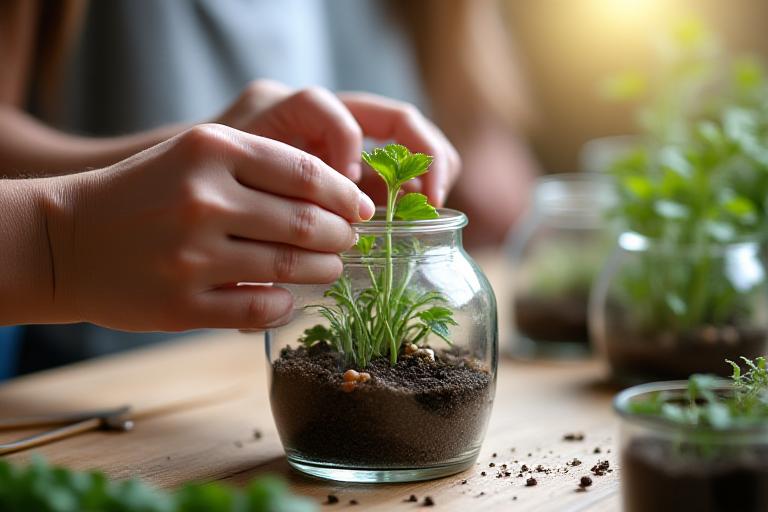 Hands carefully placing plants into a glass terrarium during a workshop